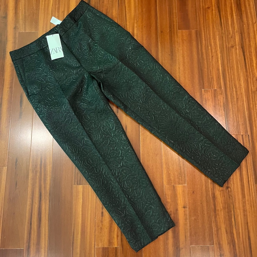 Zara Black Jacquard Pants Metallic Floral Straight Leg Dress Trouser New Size L